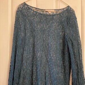 Ann Taylor Loft Women's Teal Blue Lace Top Blouse Size Medium Feminine Boho